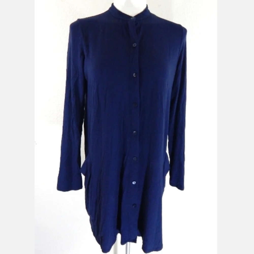 Eileen Fisher Navy Button Down Tunic Top